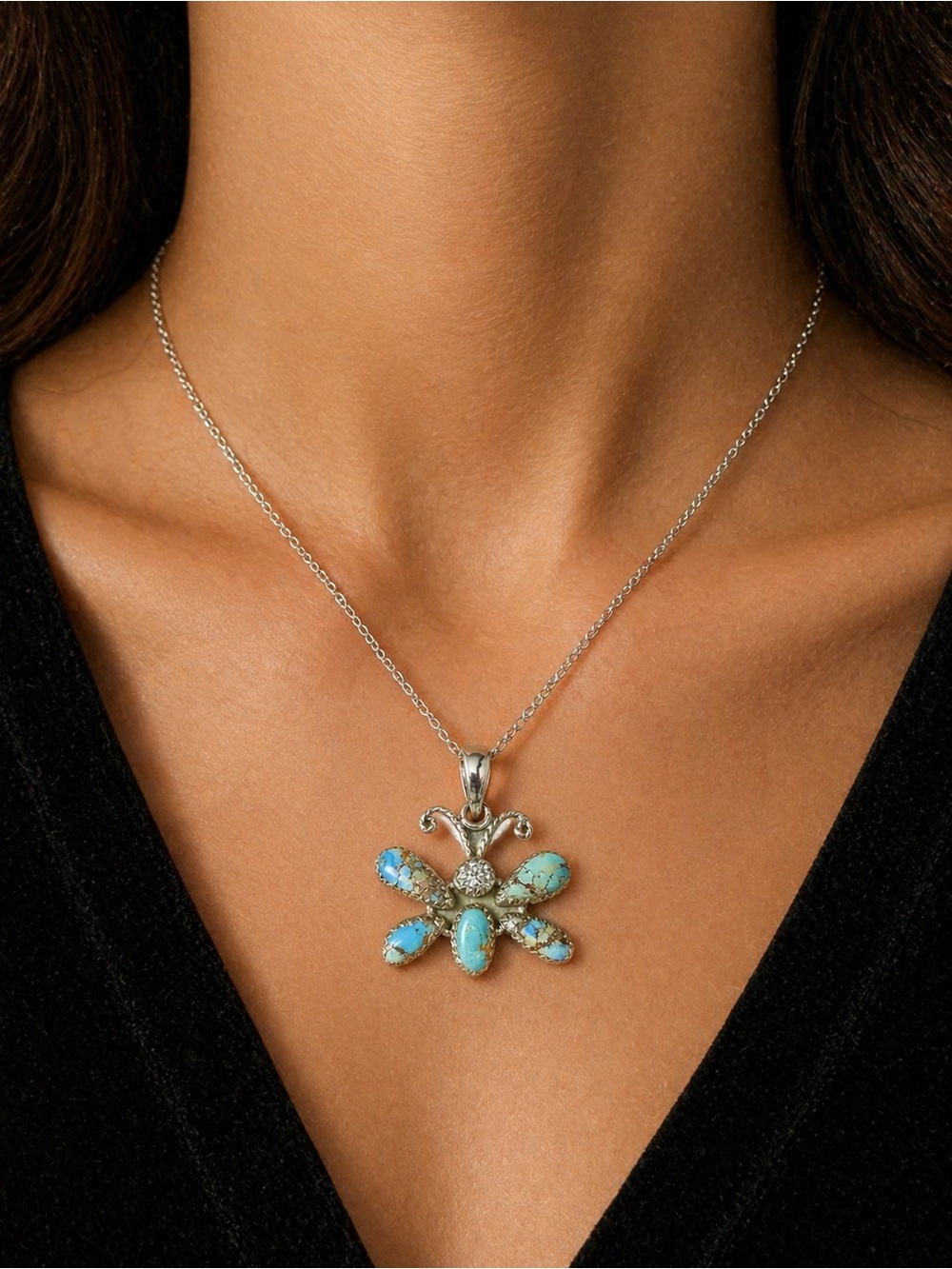 Golden Hills Turquoise Butterfly Pendant 1 1/4” – Solid Sterling Silver